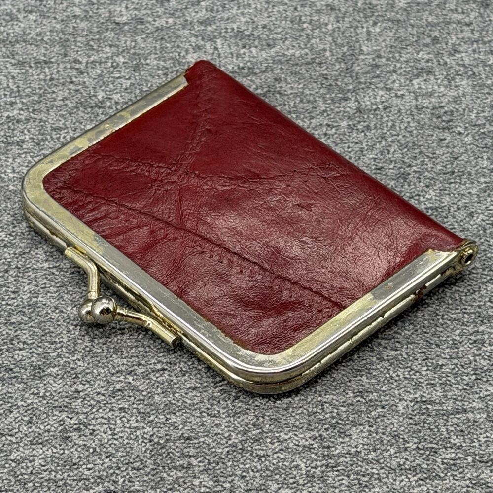 Vintage Red Leather Kiss Lock Travel Sewing Kit Compact Coin Purse Style Clasp